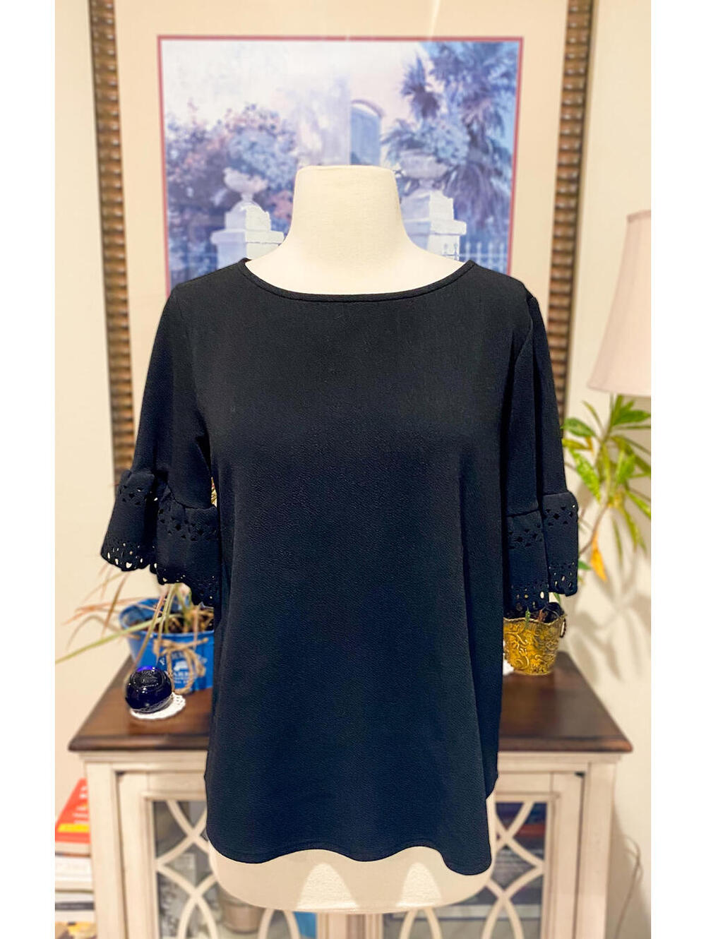 Moa Moa Black Casual Blouse with Eyelet Lace Bell Sleeves - Size L